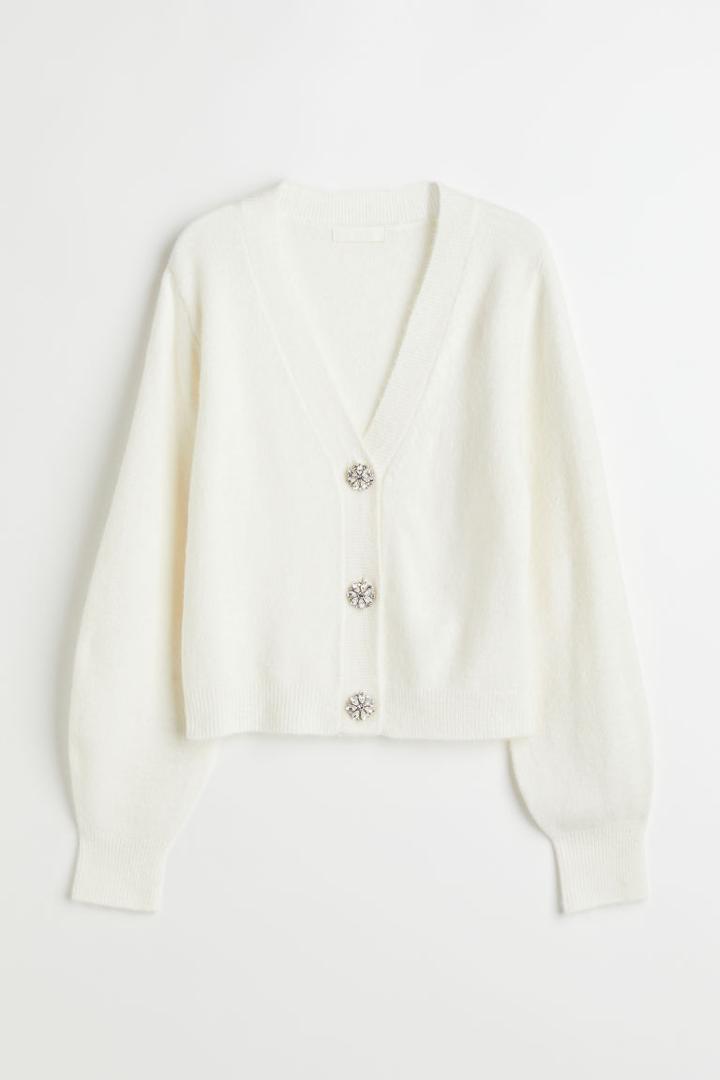 H & M - Rhinestone-button Knit Cardigan - White