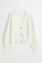 H & M - Rhinestone-button Knit Cardigan - White