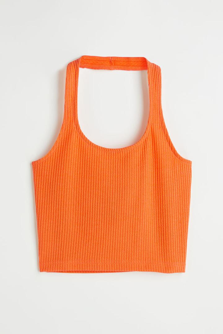 H & M - Rib-knit Halterneck Top - Orange