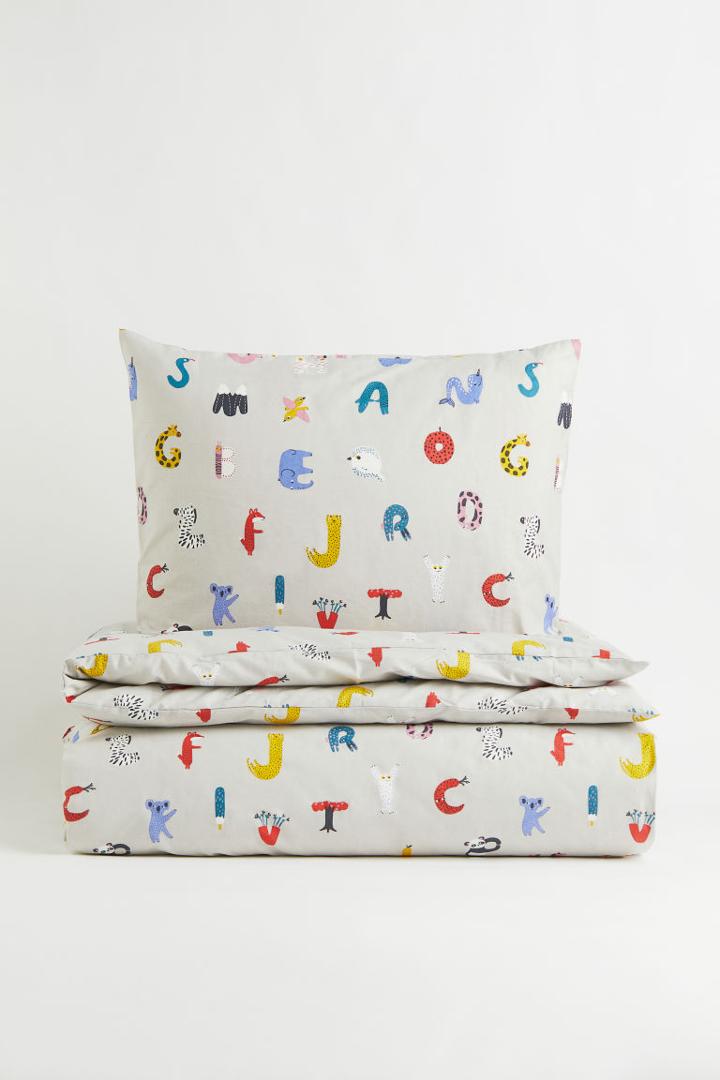 H & M - Printed Cotton Duvet Cover Set - Gray