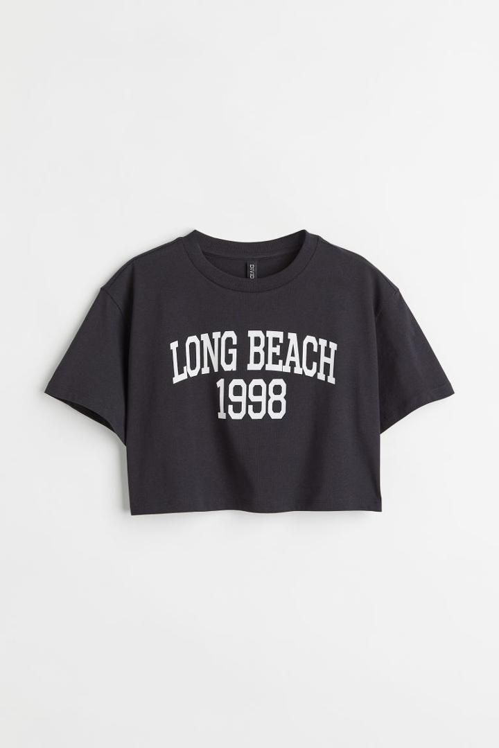 H & M - Printed Crop T-shirt - Black