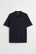 H & M - Regular Fit Linen-blend Polo Shirt - Blue