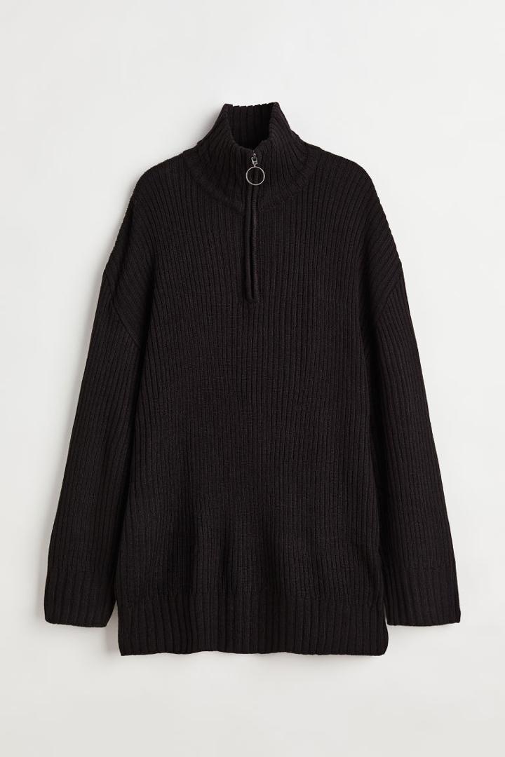 H & M - H & M+ Zip-top Rib-knit Sweater - Black