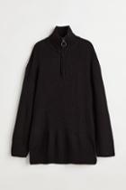 H & M - H & M+ Zip-top Rib-knit Sweater - Black
