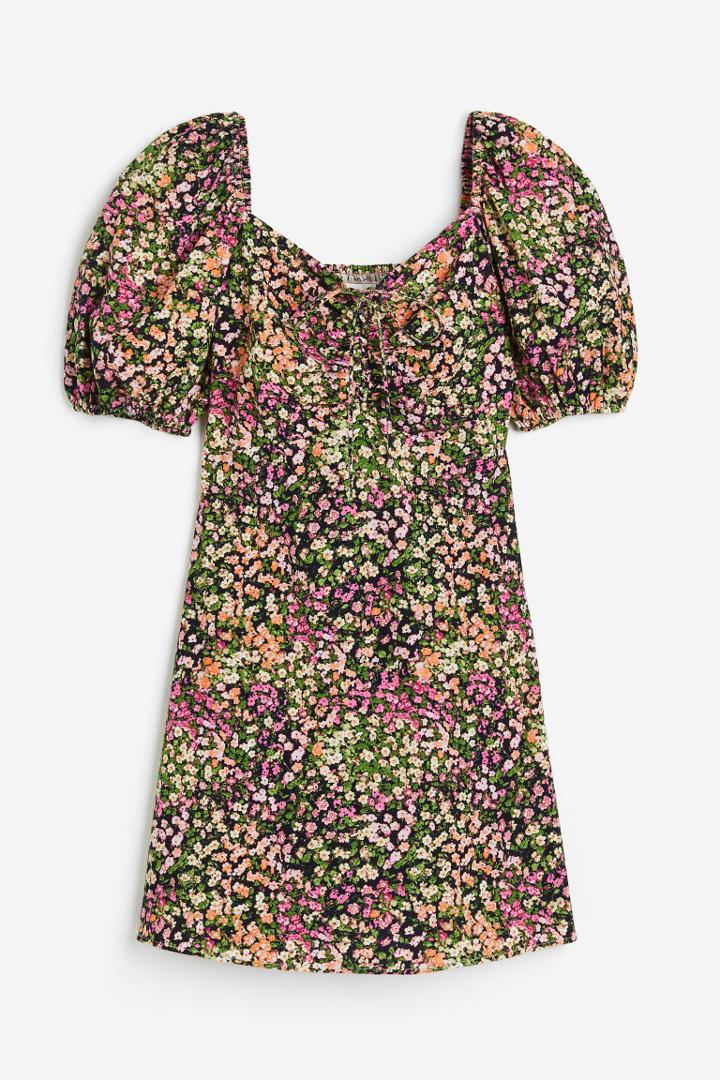 H & M - Puff-sleeved Dress With Lacing - Black