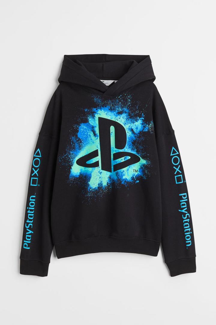 H & M - Oversized Printed Hoodie - Black