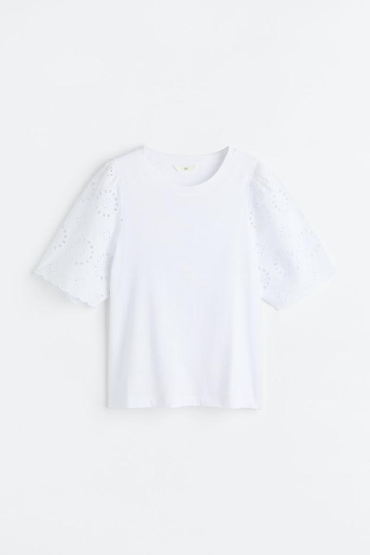 H & M - Eyelet Embroidery T-shirt - White