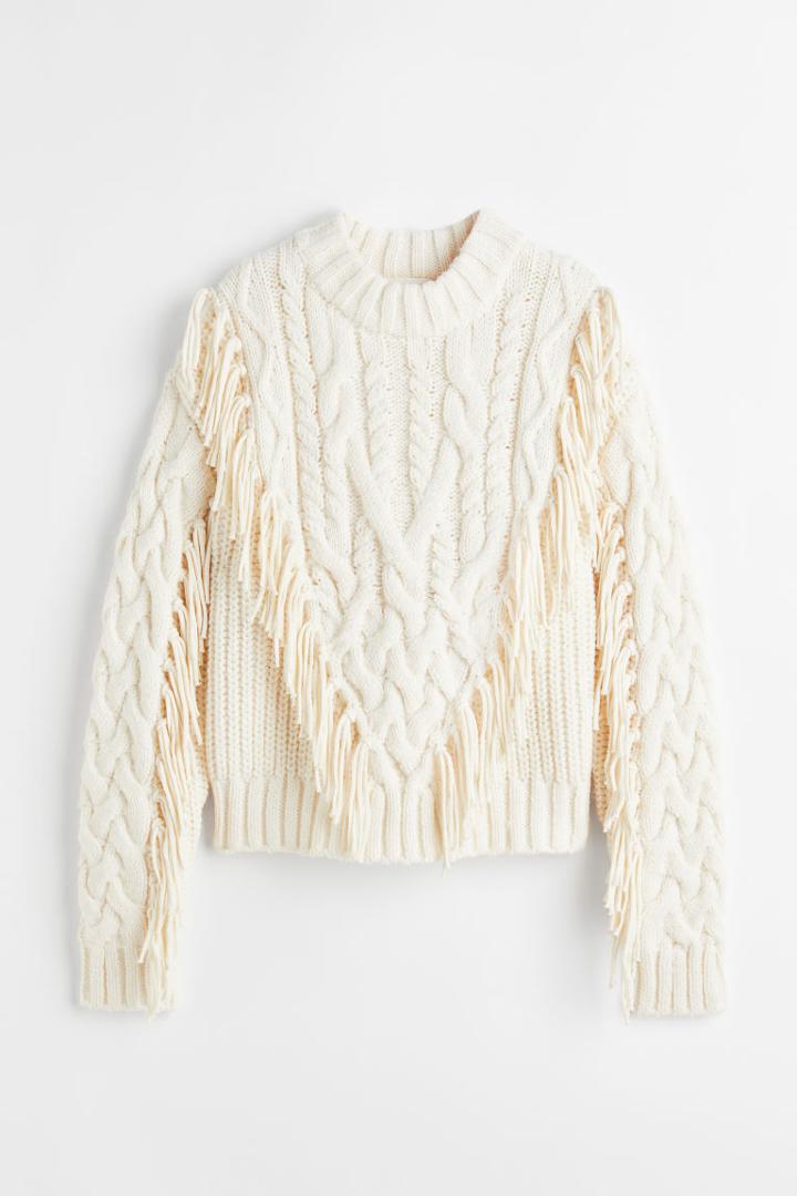 H & M - Fringe-trimmed Sweater - White