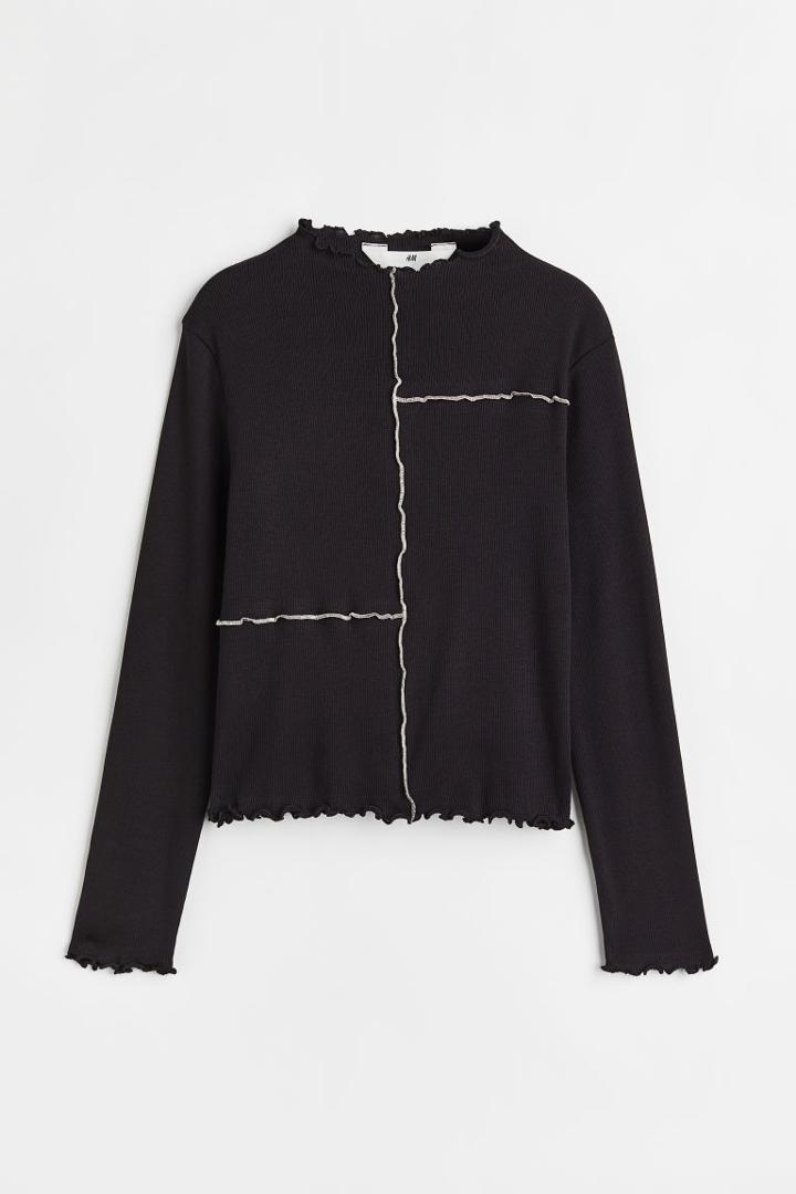 H & M - Long-sleeved Ribbed Top - Black