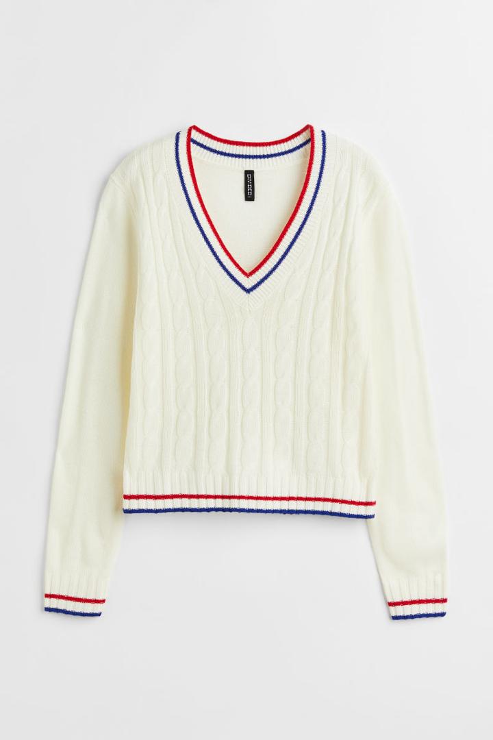 H & M - V-neck Cable-knit Sweater - White