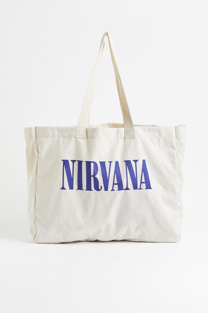 H & M - Printed Canvas Shopper - White