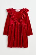 H & M - Ruffle-trimmed Velour Dress - Red