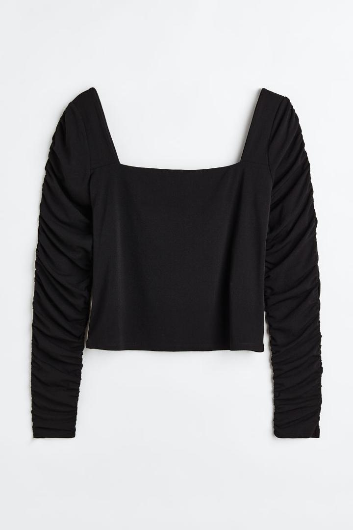 H & M - H & M+ Gathered-sleeve Jersey Top - Black