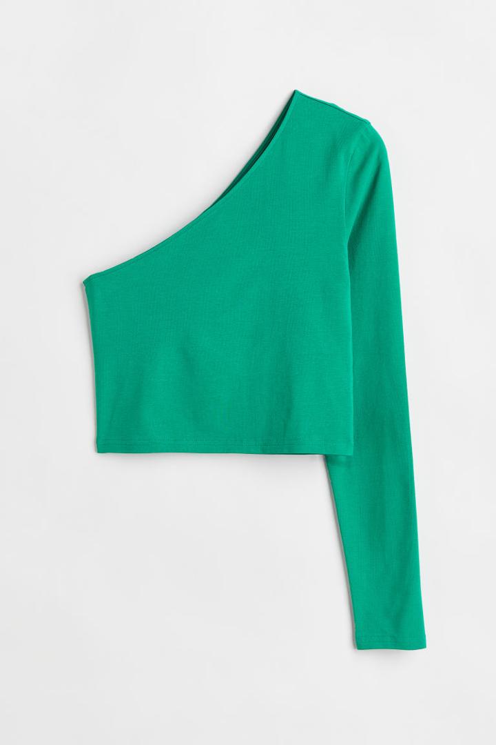 H & M - One-shoulder Crop Top - Green