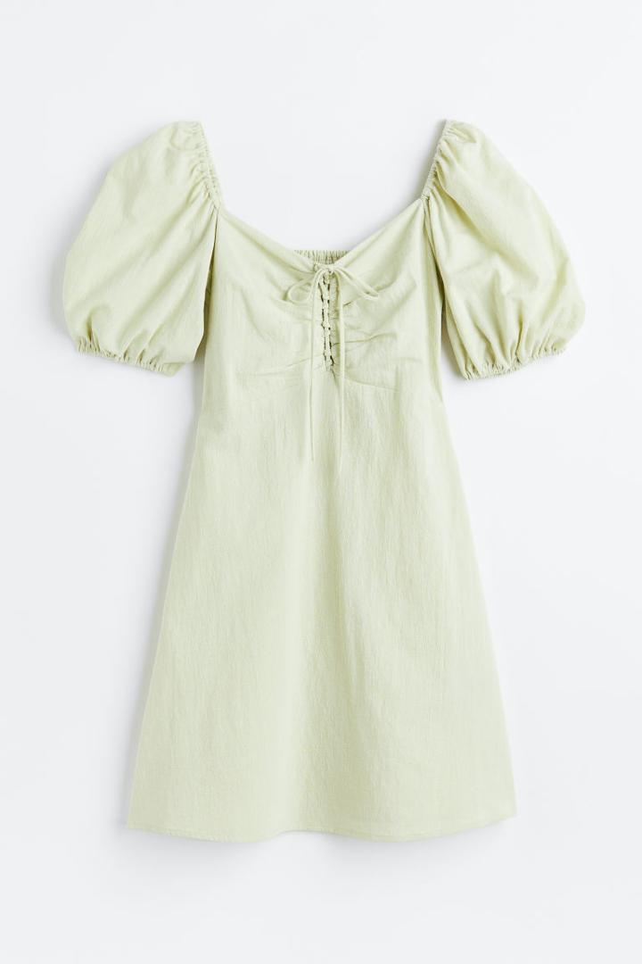 H & M - Puff-sleeved Dress With Lacing - Green