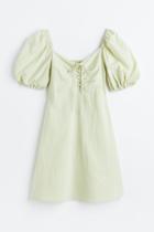H & M - Puff-sleeved Dress With Lacing - Green
