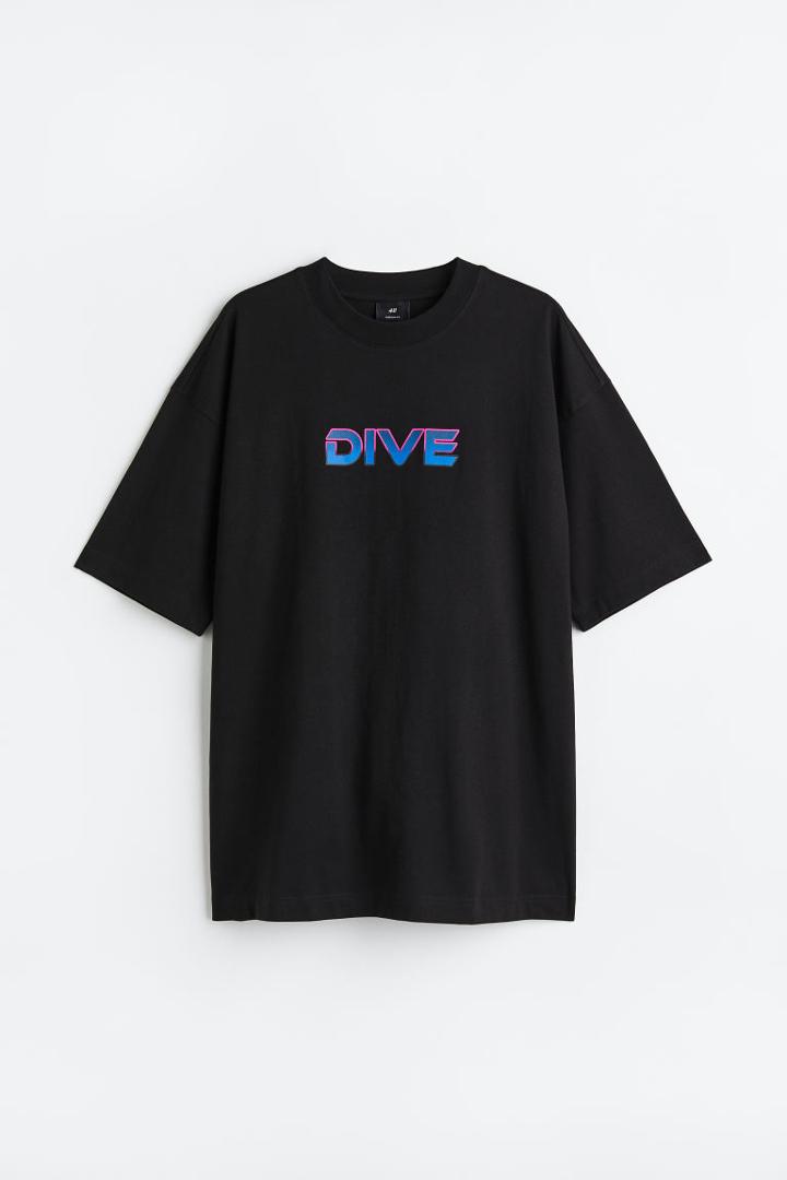 H & M - Oversized Fit Printed T-shirt - Black