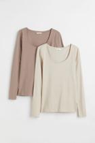 H & M - 2-pack Jersey Tops - Brown