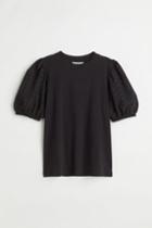 H & M - Embroidered-sleeve T-shirt - Black