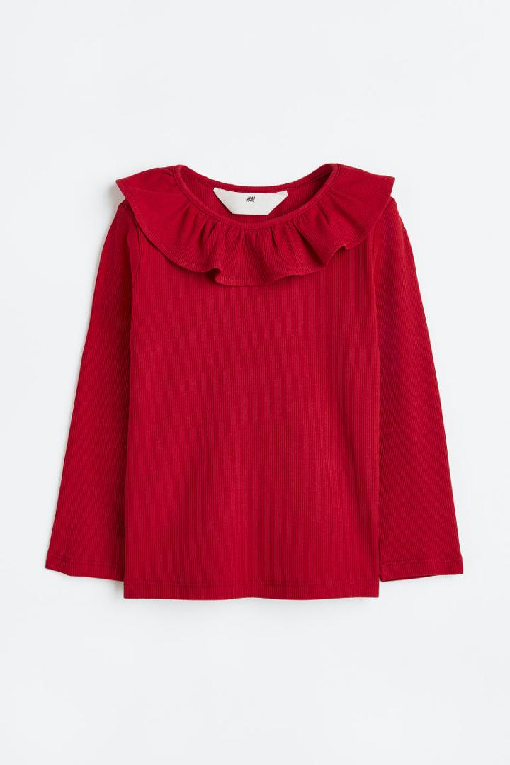 H & M - Long-sleeved Ribbed Top - Red