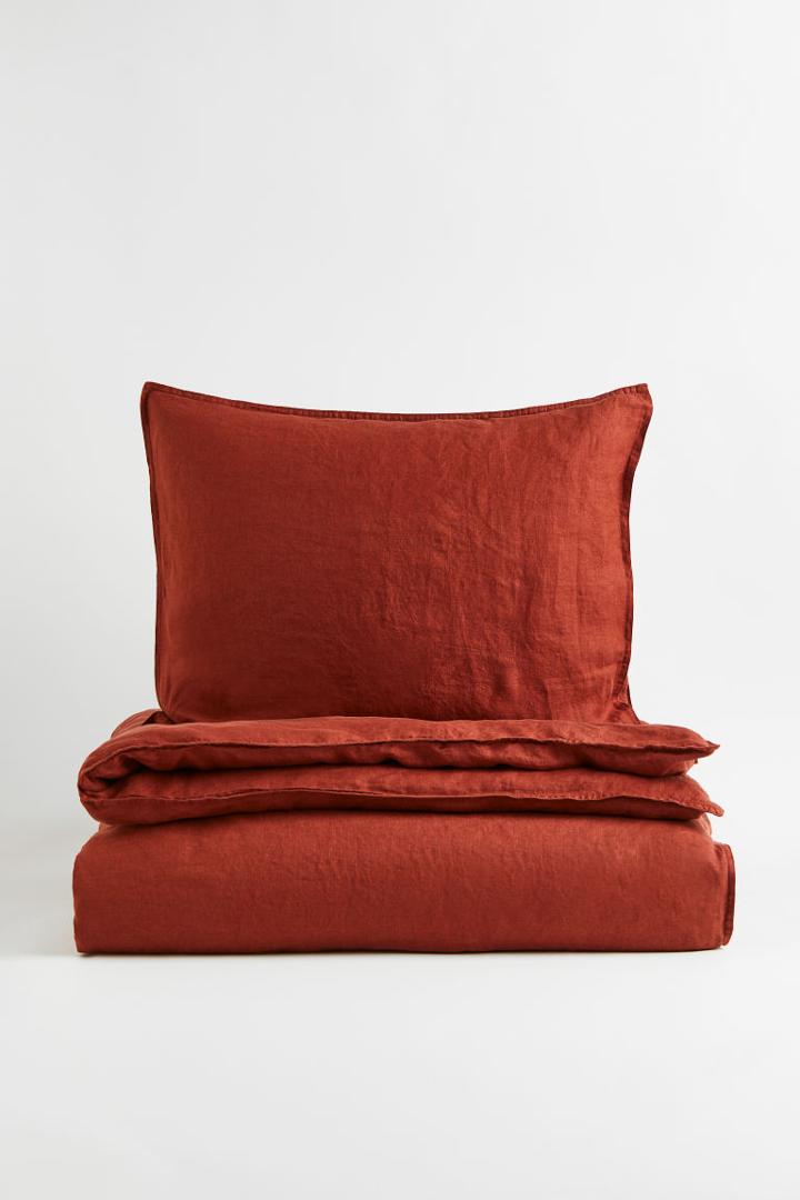H & M - Linen Twin Duvet Cover Set - Orange