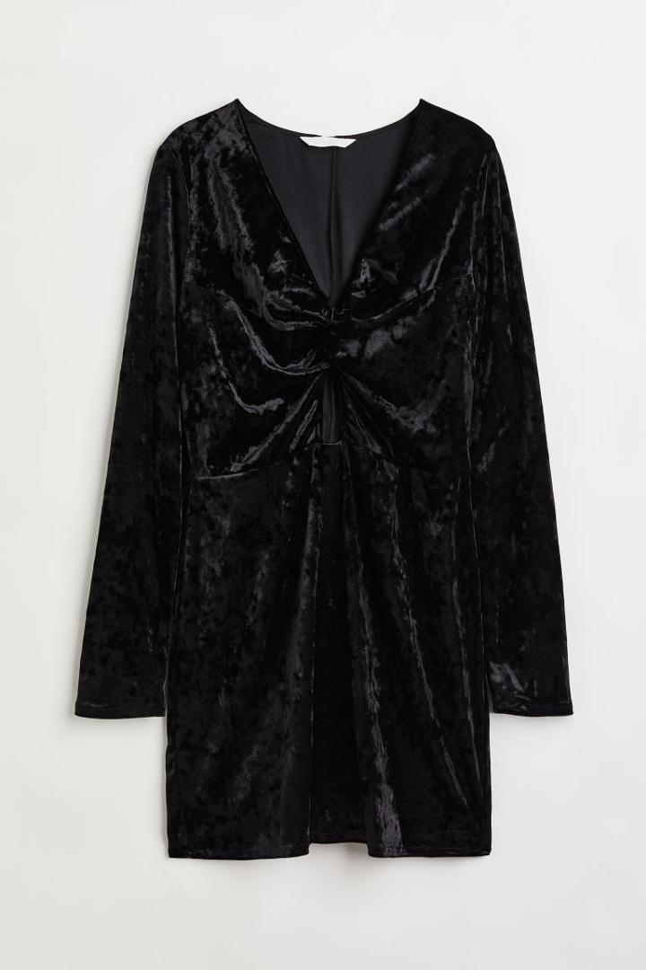 H & M - Knot-detail Velvet Dress - Black