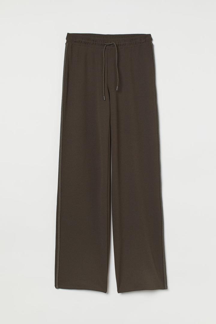 H & M - Wide-cut Pants With Side Stripes - Green