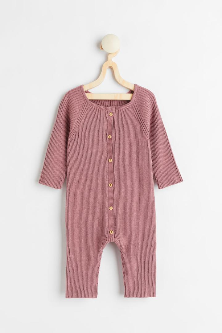 H & M - Rib-knit Cotton Jumpsuit - Pink