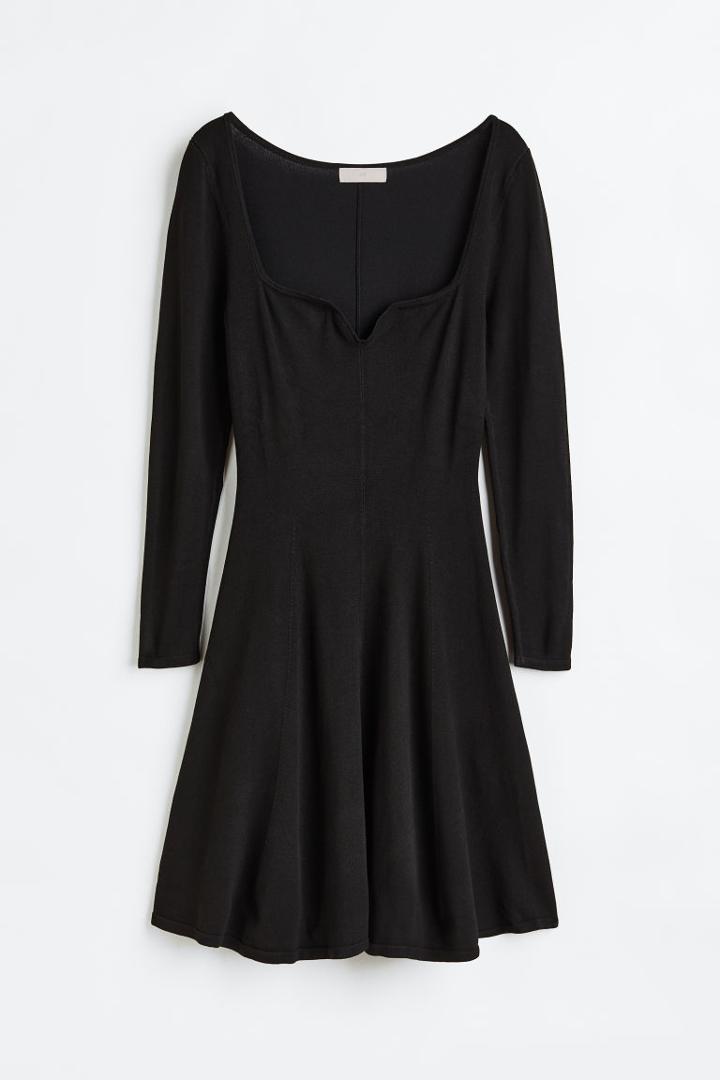 H & M - Flared-skirt Rib-knit Dress - Black
