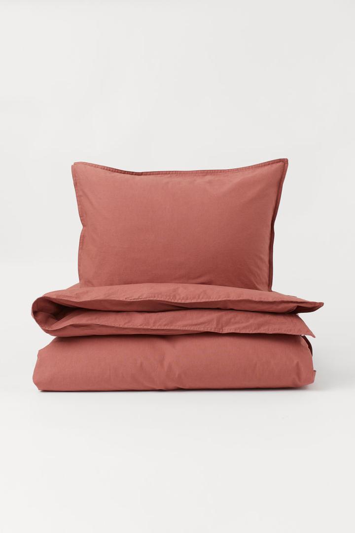 H & M - Washed Cotton Duvet Cover Set - Orange