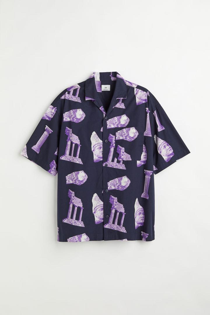 H & M - Oversized Fit Patterned Resort Shirt - Blue