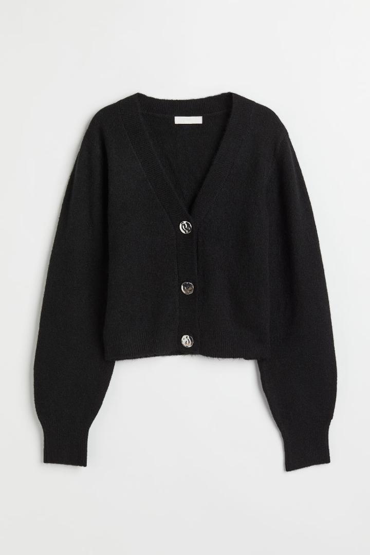 H & M - Rhinestone-button Knit Cardigan - Black