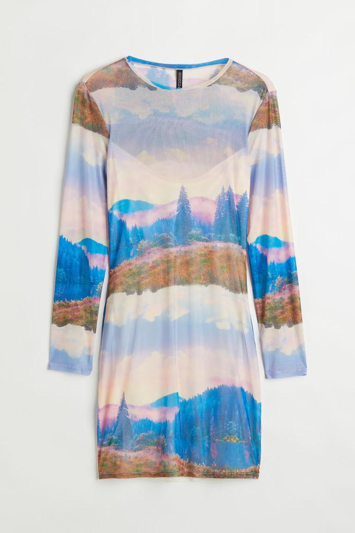 H & M - H & M+ Long-sleeved Mesh Dress - White