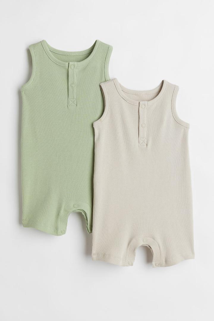 H & M - 2-pack Sleeveless Cotton Romper Suits - Green