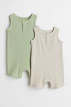 H & M - 2-pack Sleeveless Cotton Romper Suits - Green