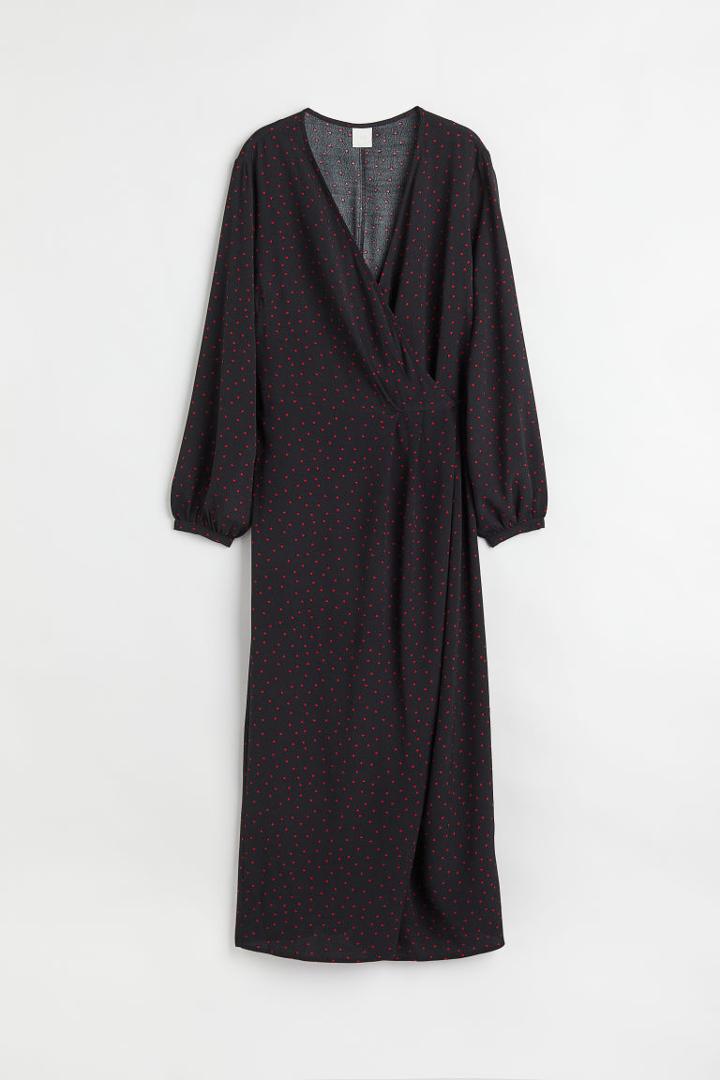 H & M - Patterned Wrap-front Dress - Black