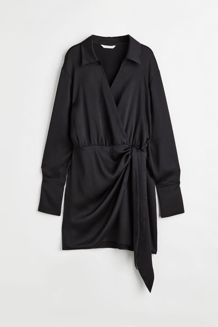 H & M - Crped Satin Wrapover Shirt Dress - Black