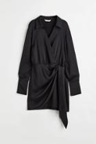 H & M - Crped Satin Wrapover Shirt Dress - Black