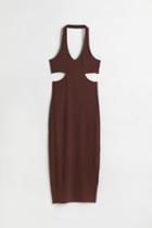 H & M - Ribbed Halterneck Dress - Brown