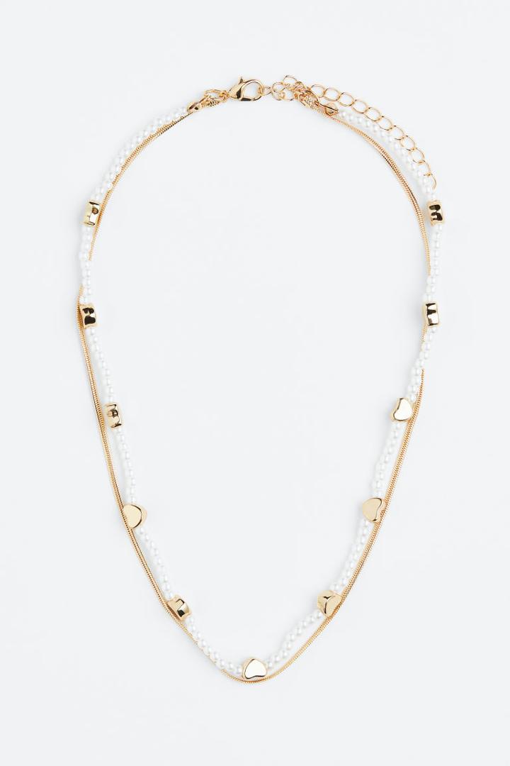 H & M - Double-strand Necklace With Beads - White