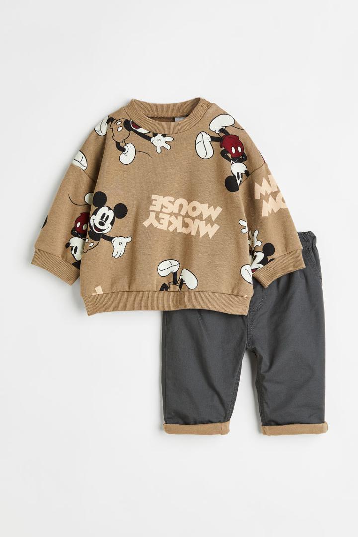 H & M - 2-piece Cotton Sweatshirt And Pants Set - Beige