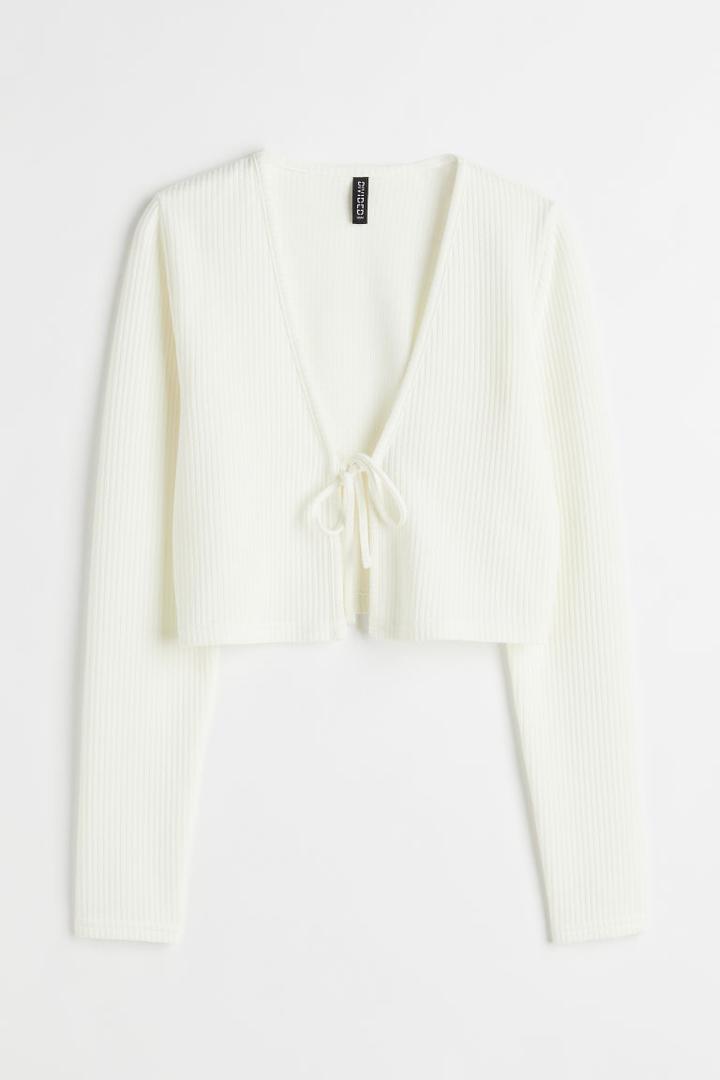 H & M - Ribbed Tie Detail Cardigan - White
