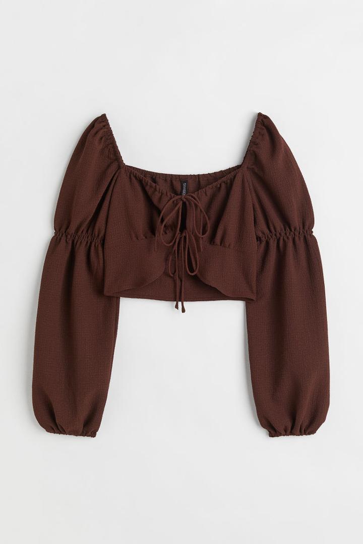 H & M - Tie-front Long-sleeved Blouse - Brown