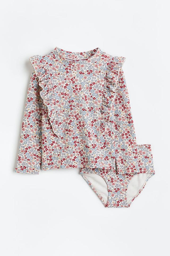 H & M - Patterned Ruffled Swim Set - Beige