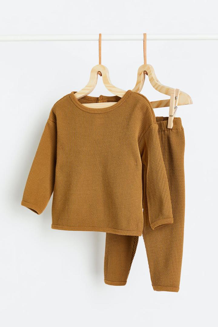 H & M - 2-piece Waffled Set - Yellow