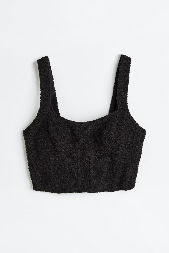 H & M - Textured-weave Corset-style Top - Black