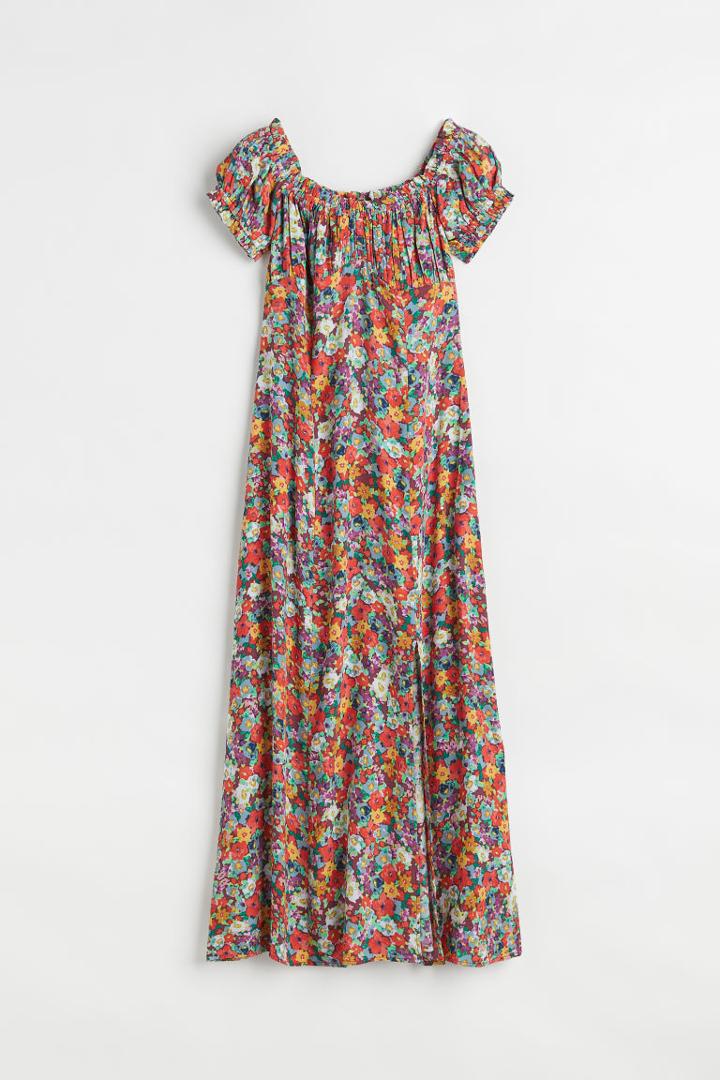 H & M - Floral Puff-sleeved Dress - Red