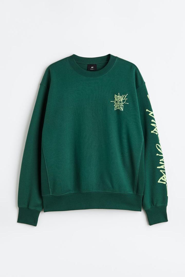 H & M - Oversized Fit Printed Sweatshirt - Green