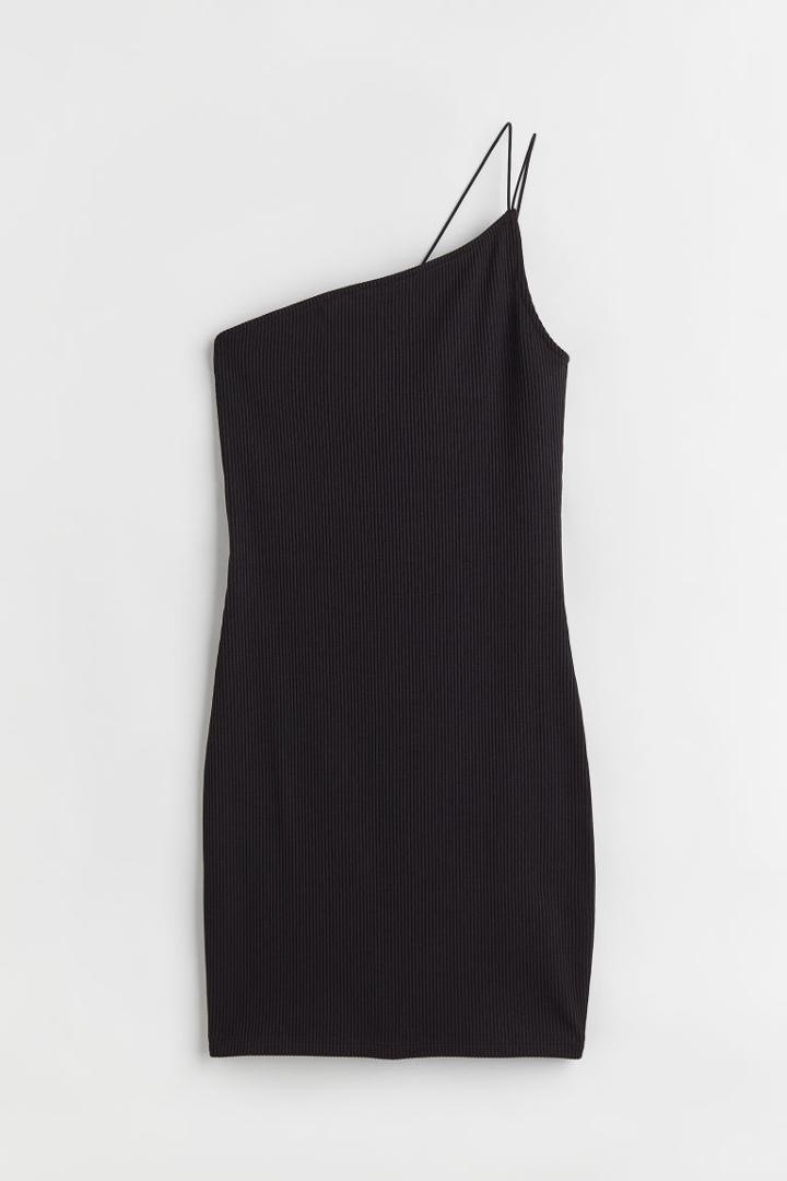 H & M - Ribbed One-shoulder Dress - Black