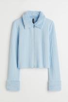 H & M - Faux Fur-collar Cardigan - Blue